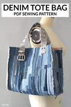 Load image into Gallery viewer, Handmade Denim Tote Bag Hanging on shoulder of mannequin with text Denim Tote Bag PDF Sewing Pattern at top
