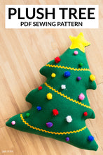 Load image into Gallery viewer, plush tree pdf sewing pattern with festive pom pom decorations
