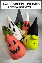 Load image into Gallery viewer, Halloween-themed plush toys with PDF sewing pattern text above
