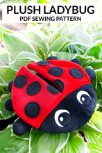 Load image into Gallery viewer, Plush ladybug toy on green leaves with text &#39;Plush Ladybug PDF Sewing Pattern&#39;.
