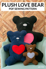 Load image into Gallery viewer, Plush Teddy Bears in 3 sizes with hearts on their bellies with text that reads Plush Love Bear PDF Sewing Pattern and Scratch and Stitch watermark
