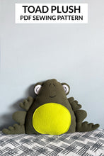 Load image into Gallery viewer, Toad plush toy with PDF sewing pattern text above on a light gray background
