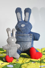 Load image into Gallery viewer, Handmade plush bunny sewn using a beginner-friendly sewing pattern in denim.
