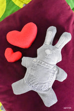 Load image into Gallery viewer, Upcycled denim jeans stuffed bunny downloadable sewing pattern and tutorial with video.
